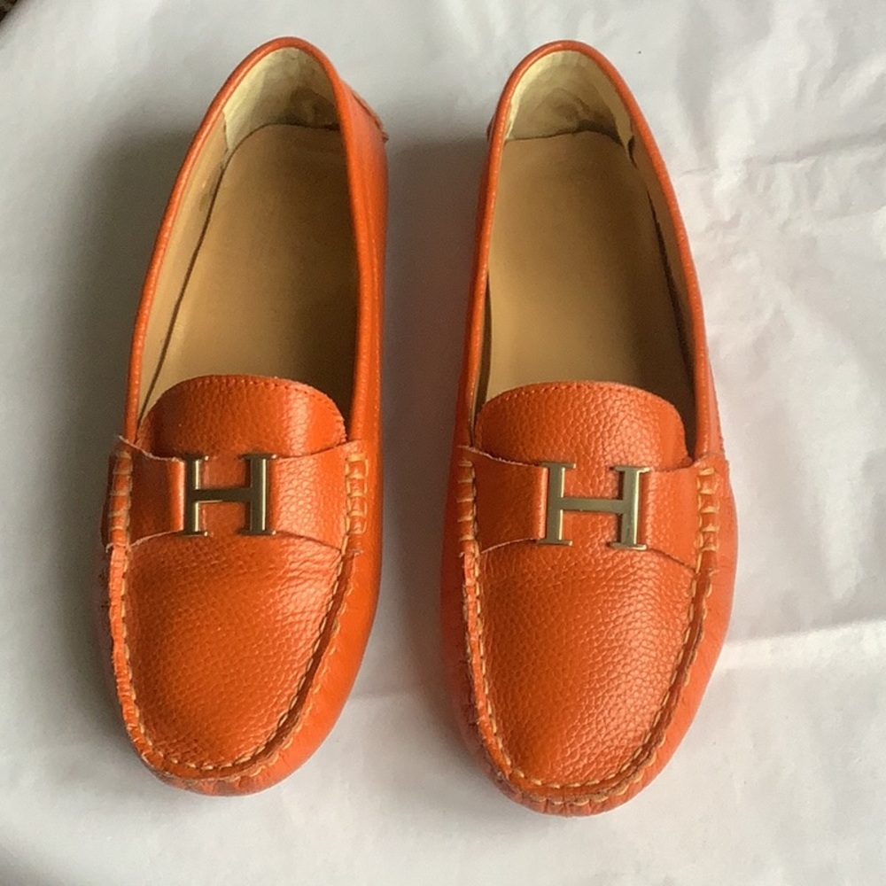 Women’s shoes. Soft leather loafers. Coral color.